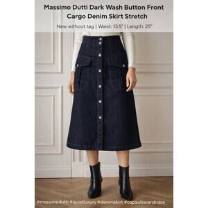 Massimo Dutti Women’s Dark Wash Button Front Cargo Denim Skirt Stretch 4
